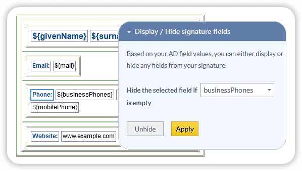 Display or hide the email signature fields