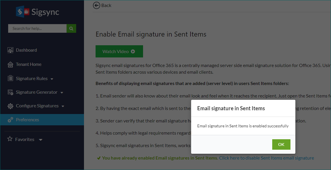 Email Signatures are enabled for Sent Items