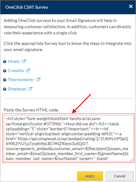 Insert OneClick surveys HTML code snippet