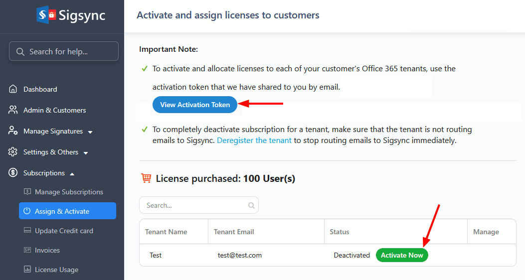 Activate and assign licenses to customers license-assign-page