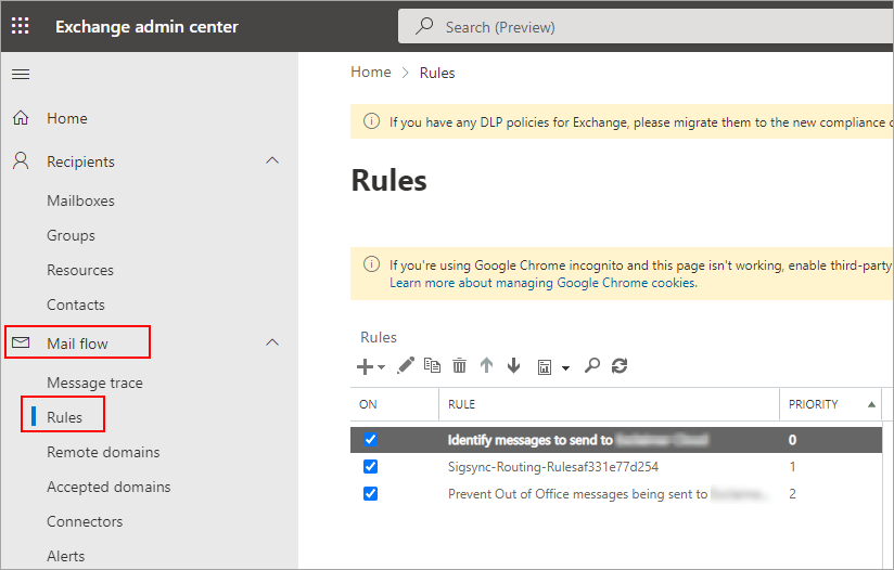 open Exchange mail flow rules