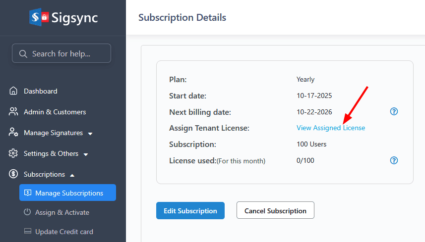 Subscription Details reseller-license-assign