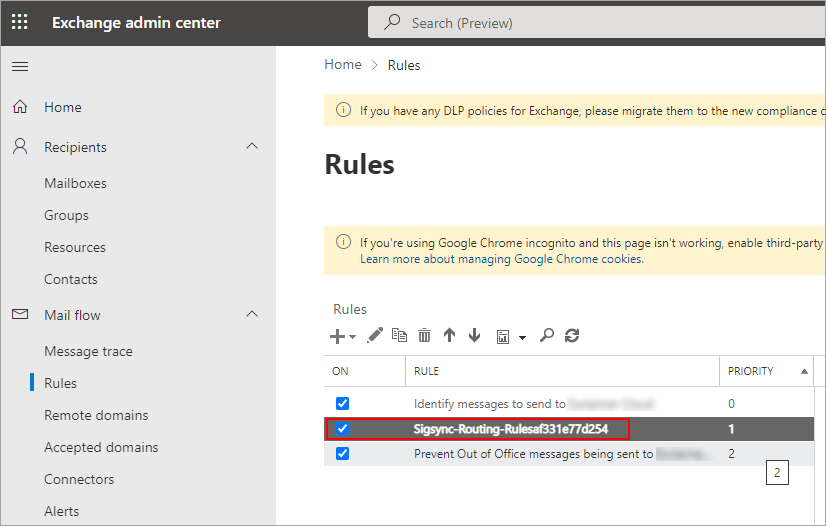 Select the Sigsync Exchange mail flow rule
