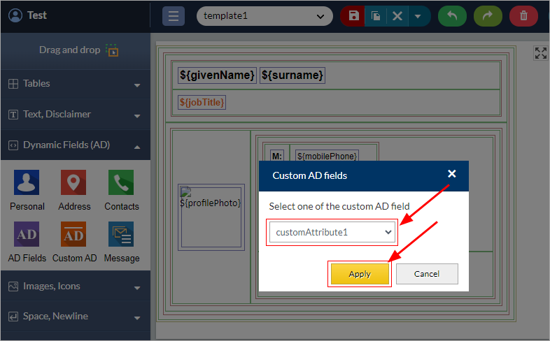 Select the custom attribute fields
