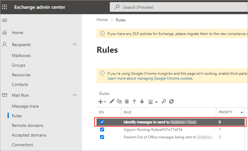 Select the third party Exchange mail flow rule