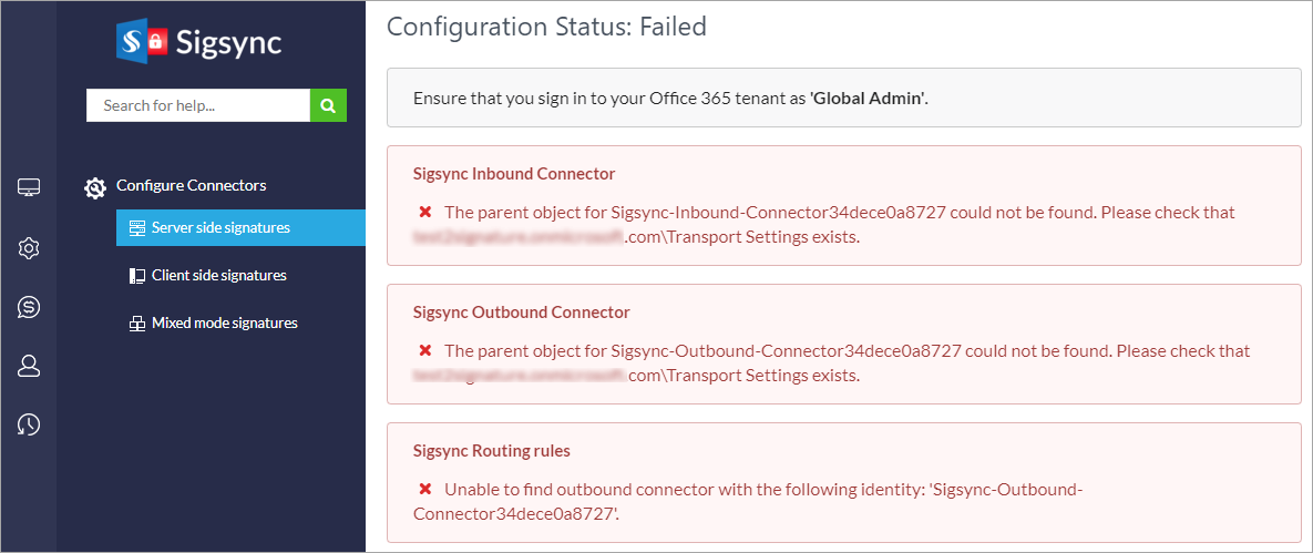 issues while configuring Sigsync Exchange online Connectors