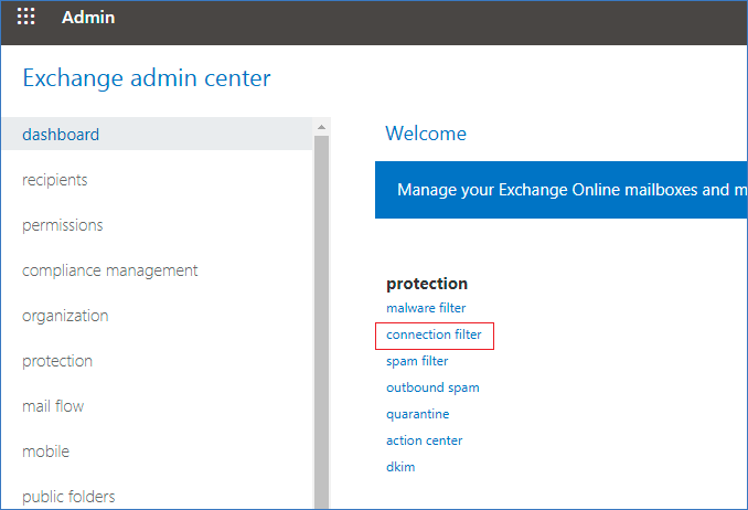 Click connection filter in Exchange admin center