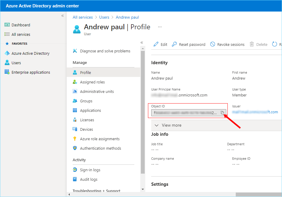 Copy Object id from Azure Active Directory Admin center