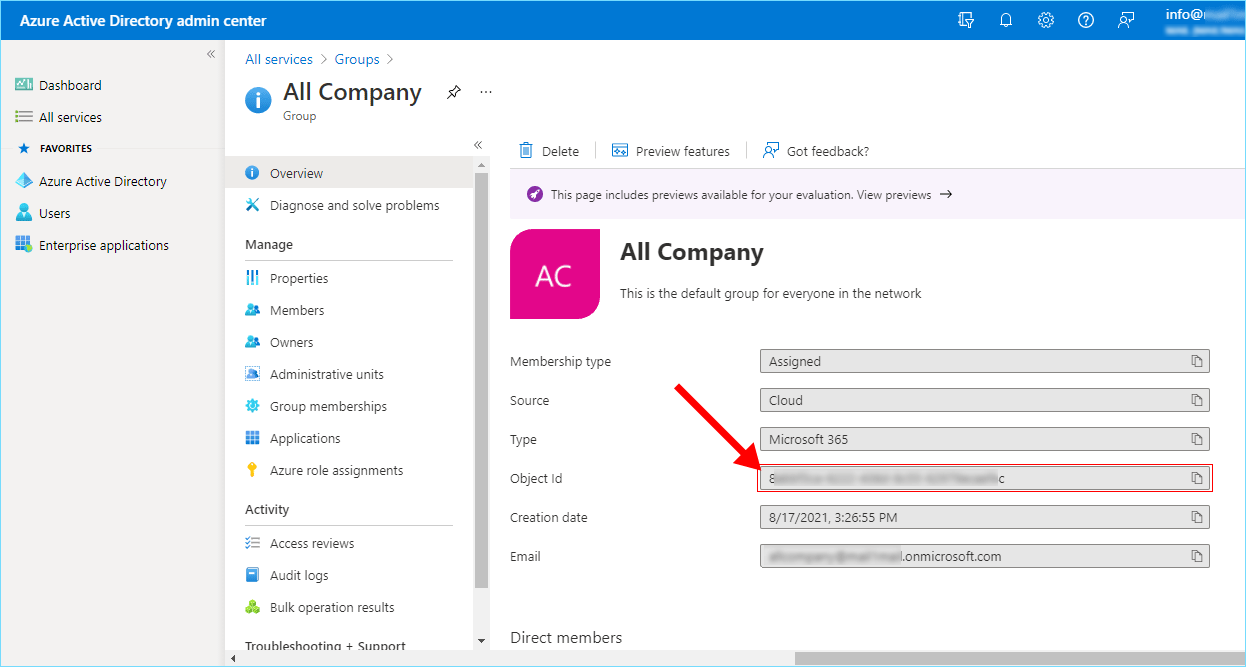 Copy group object id in Azure Active Directory