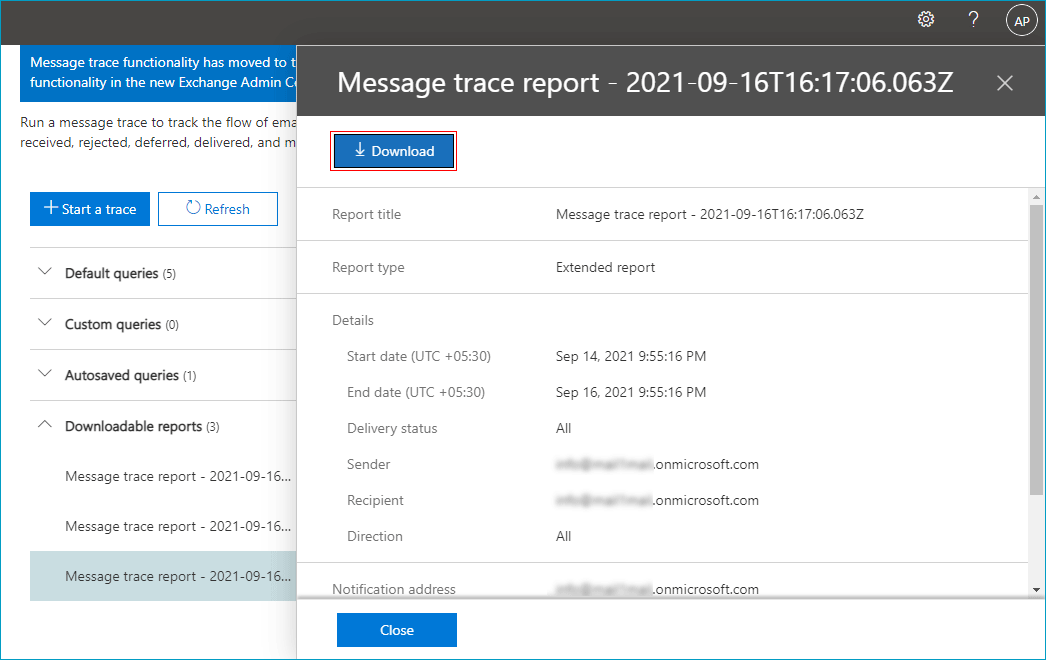 Download message trace report