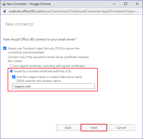 Select the option for Office 365 connect to email server