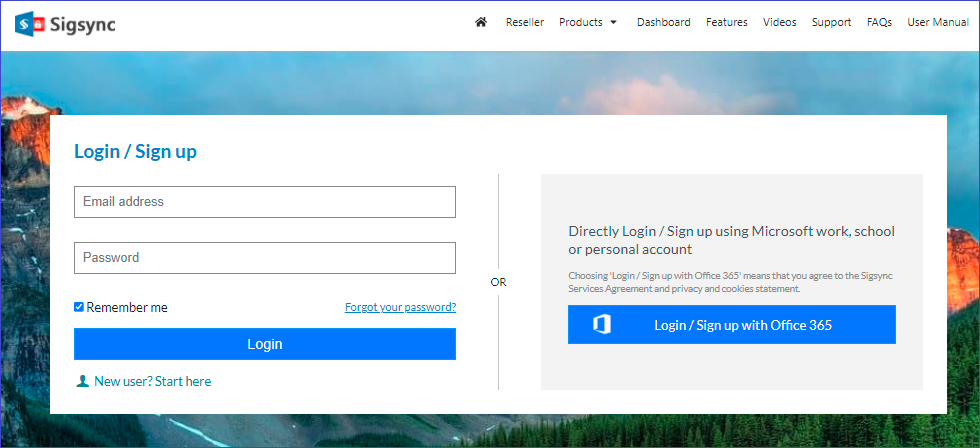 Sigsync Office 365 email signature login page