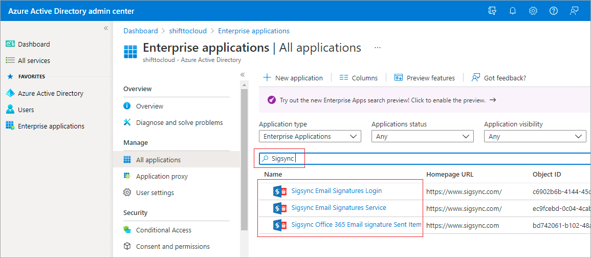 Search Sigsync email signatures in Azure Admin center