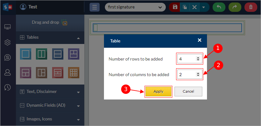 Enter the number of columns and rows