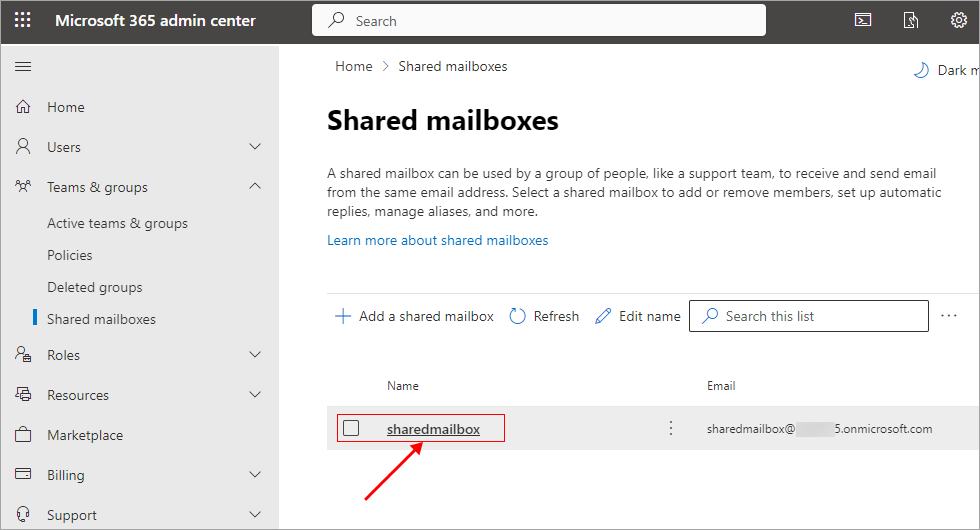 Select the shared mailbox