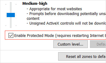 Enable Protected mode in Internet Properties