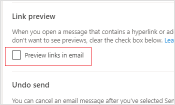 Uncheck Preview links in email