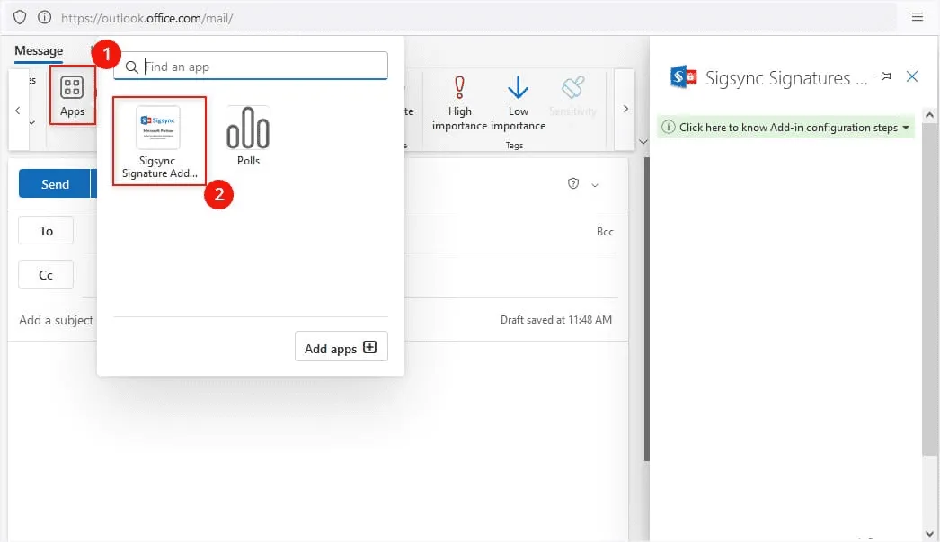 Click Sigsync Add-in for Outlook on OWA Click Sigsync Add-in for Outlook on OWA