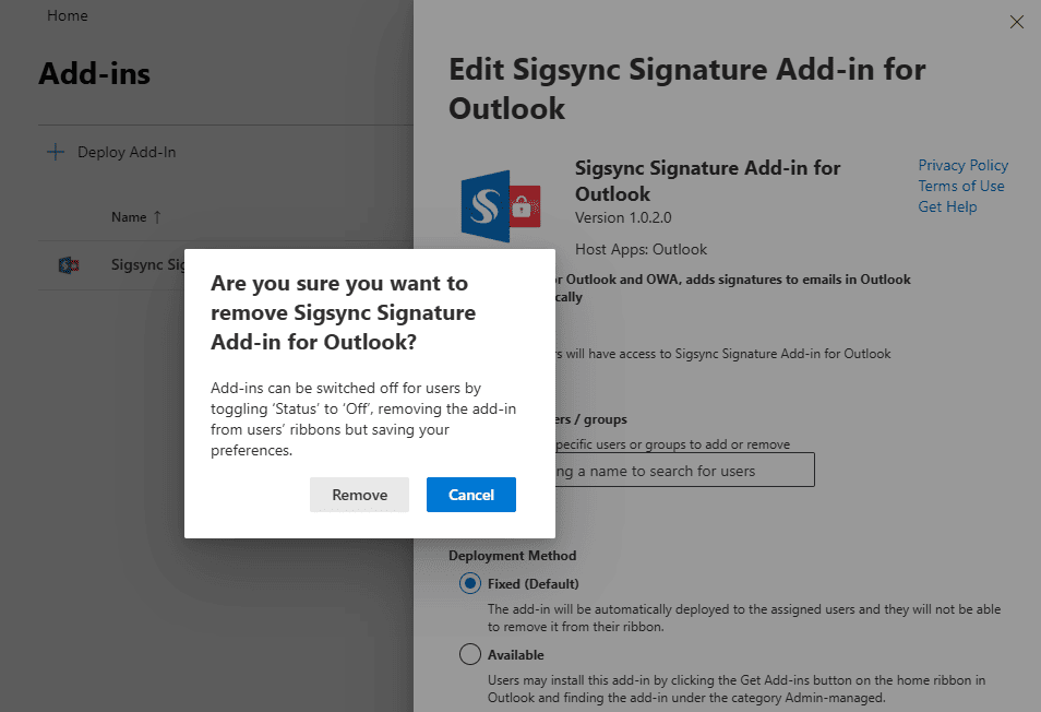 Sigsync Signatures add-in will be removed app-removed-successfully