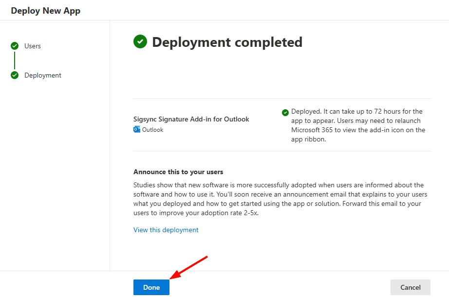 Add-in deployment is completed Add-in deployment is completed