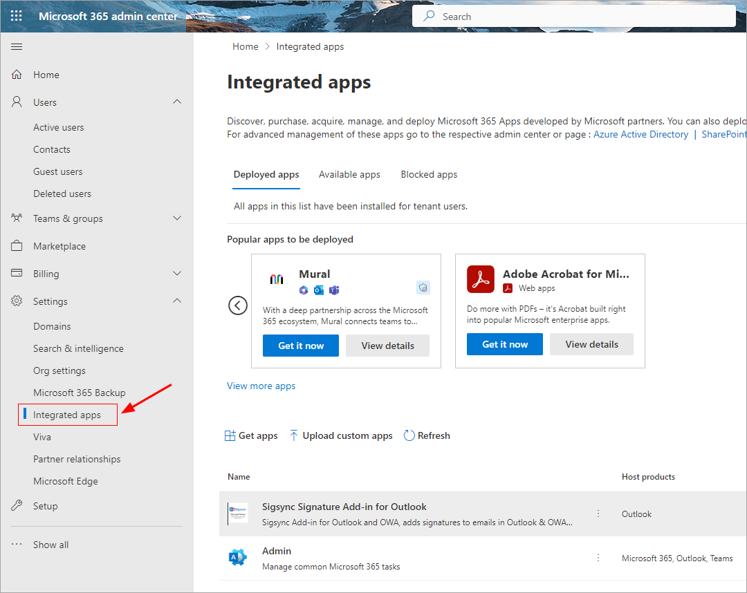 Office 365 tenants admin center sigsync-in-customapp