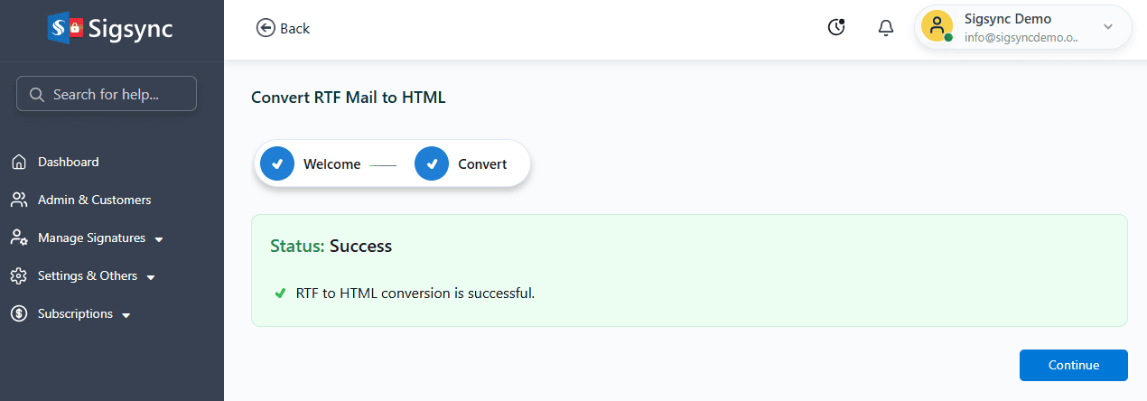 RTF emails to HTML conversion is successful conversion-successful