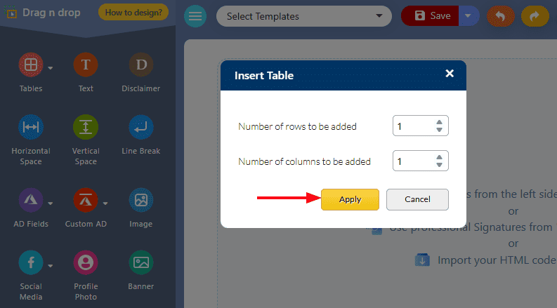 select the number of rows and columns custom-table-added