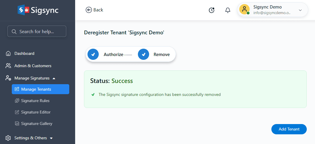 Tenant successfully removed Tenant successfully removed