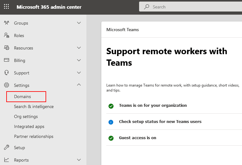Select Domains on Office 365 Admin center Select Domains on Office 365 Admin center