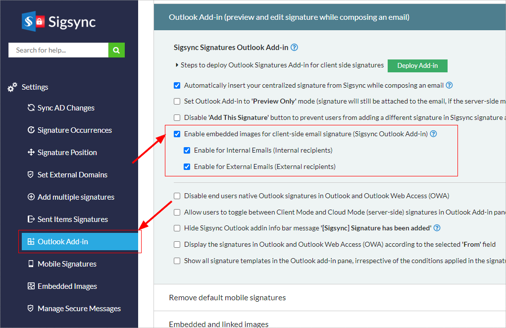 Enable embedded images for client-side email signature Enable embedded images for client-side email signature