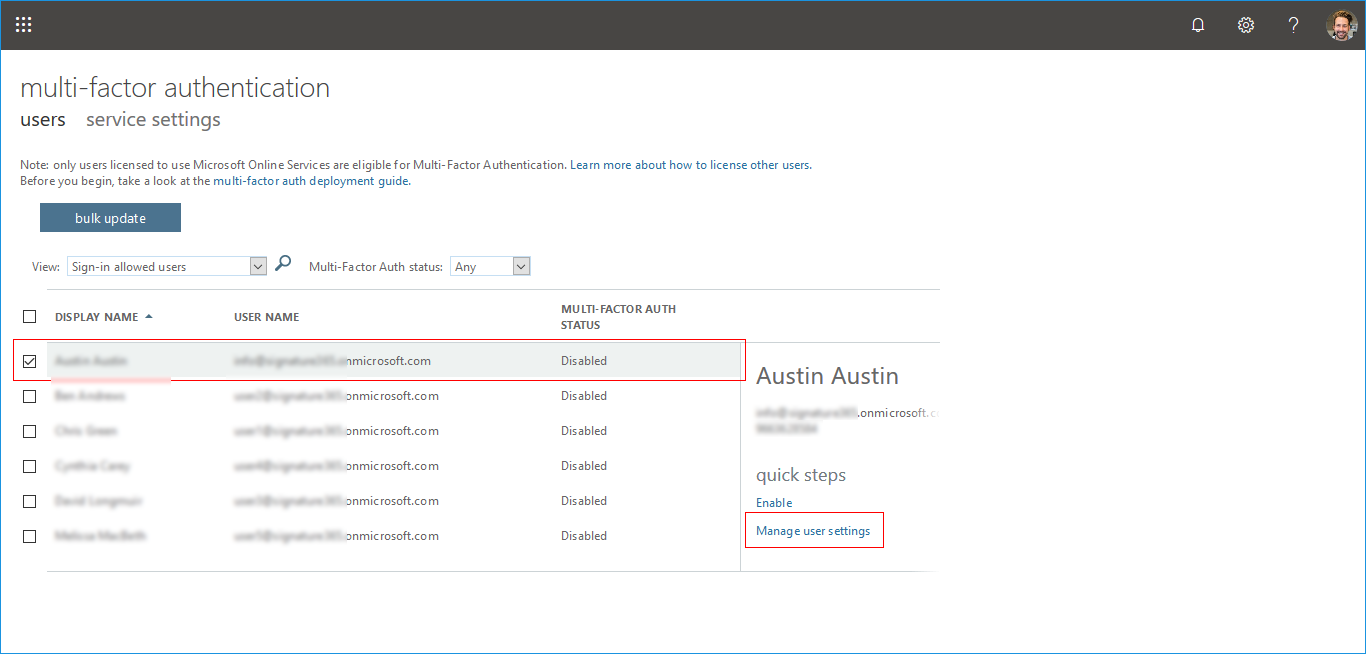 Office 365 MFA settings Office 365 Admin Menu