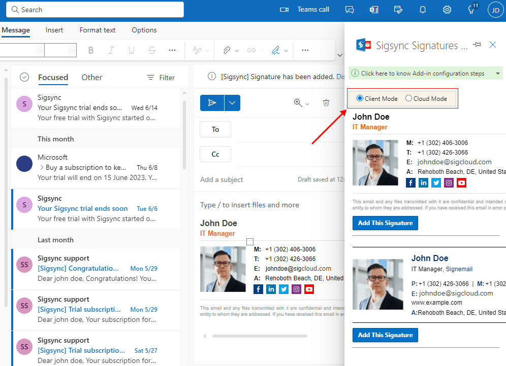 Open the Sigsync Signatures Outlook Add-in pane Open the Sigsync Signatures Outlook Add-in pane