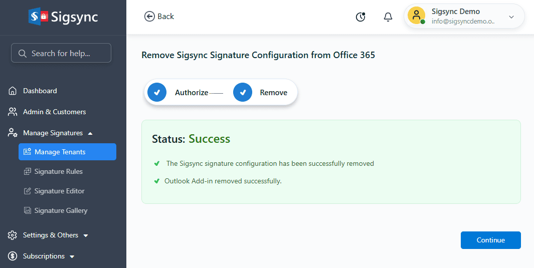 Signature Configuration Removed Successfully Signature Configuration Removed Successfully