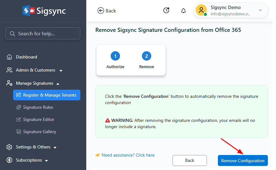 Remove Signature Configuration Remove Signature Configuration