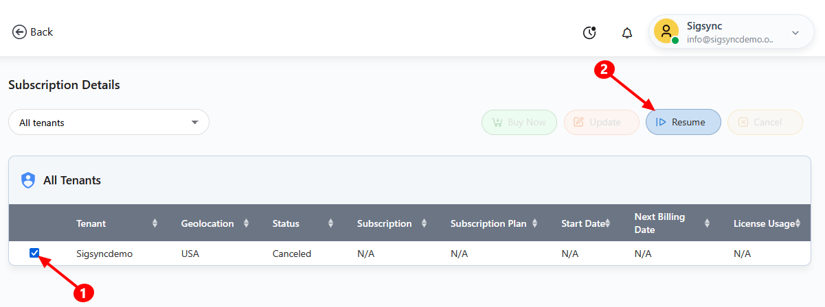 Resume Subscriptions cancel-subscription