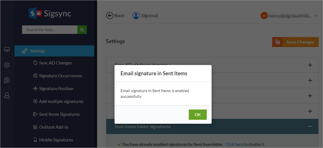 Sent Items signature is now enabled